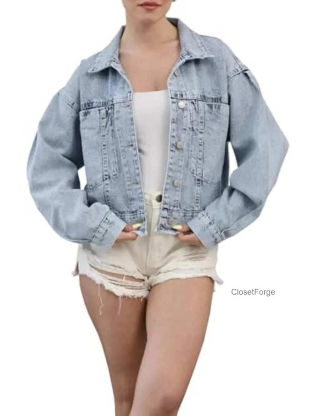 Cropped Distressed Denim Jacket Long Sleeve Button Front Frayed Hem Casual